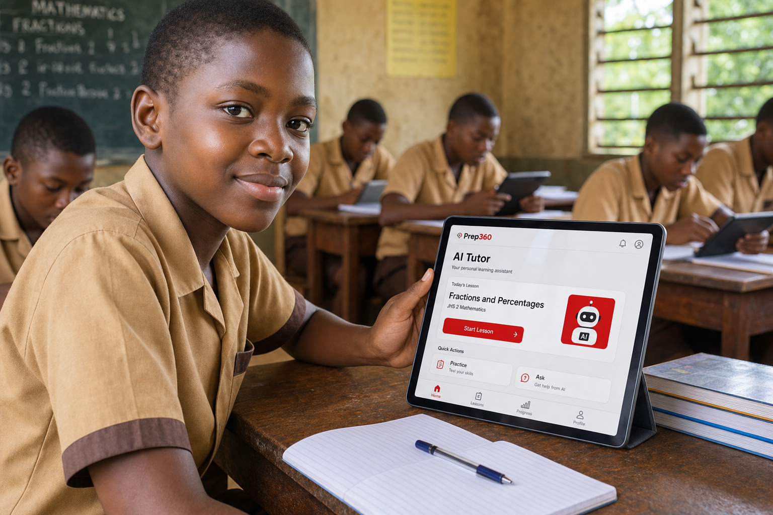Student learning with an AI tutor on a tablet
