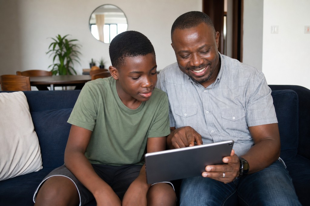 Parent and child learning together with Prep360 on a tablet
