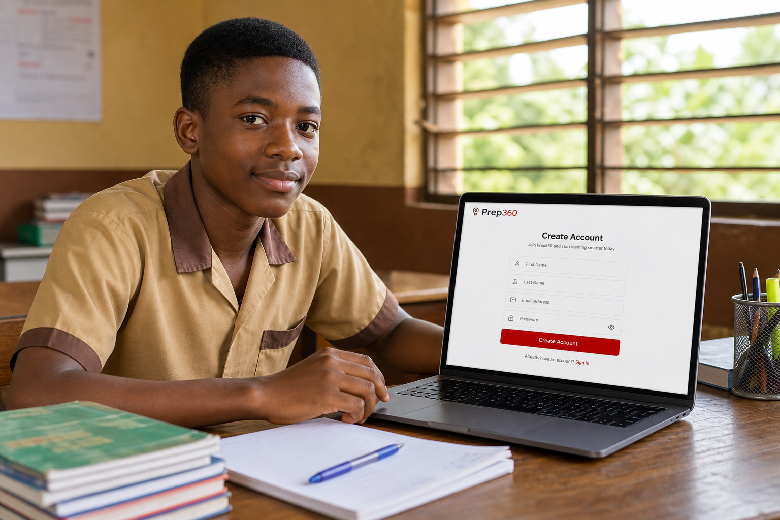 Student creating a learning account on a laptop